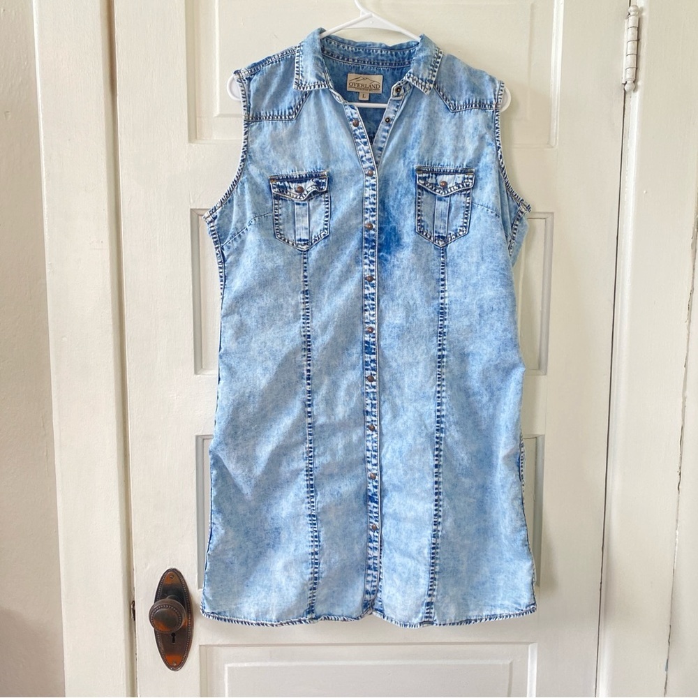 OVERLAND Sleeveless Western Denim Button Down Shirt Dress Women's Size Large